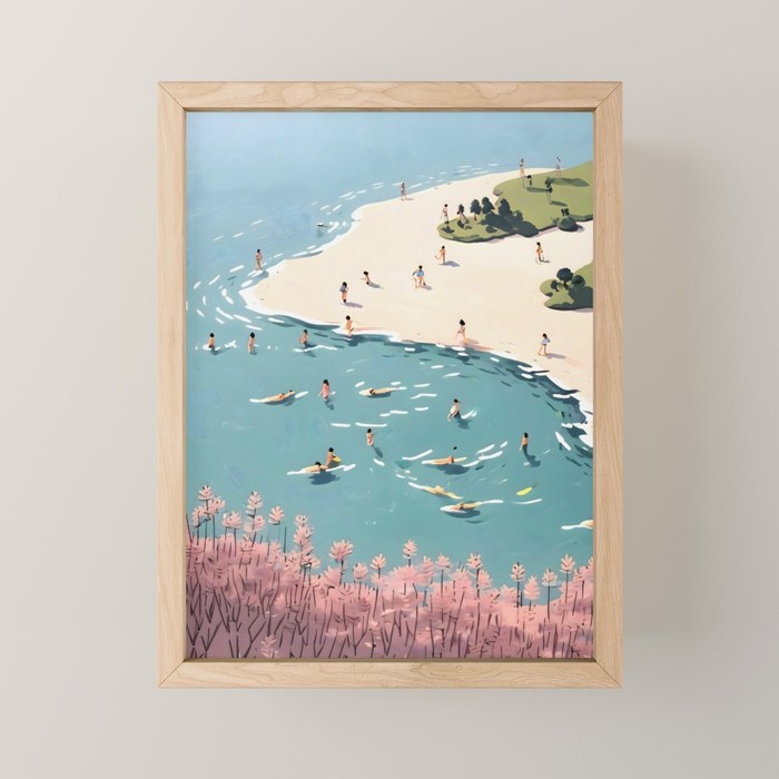 Last Summer, Beach Vibes Tropical Nature Landscape, Pastel Subdued Painting Scenic Travel, People Swim Surf Waves Illustration Mini Art Print Gallery Image 1