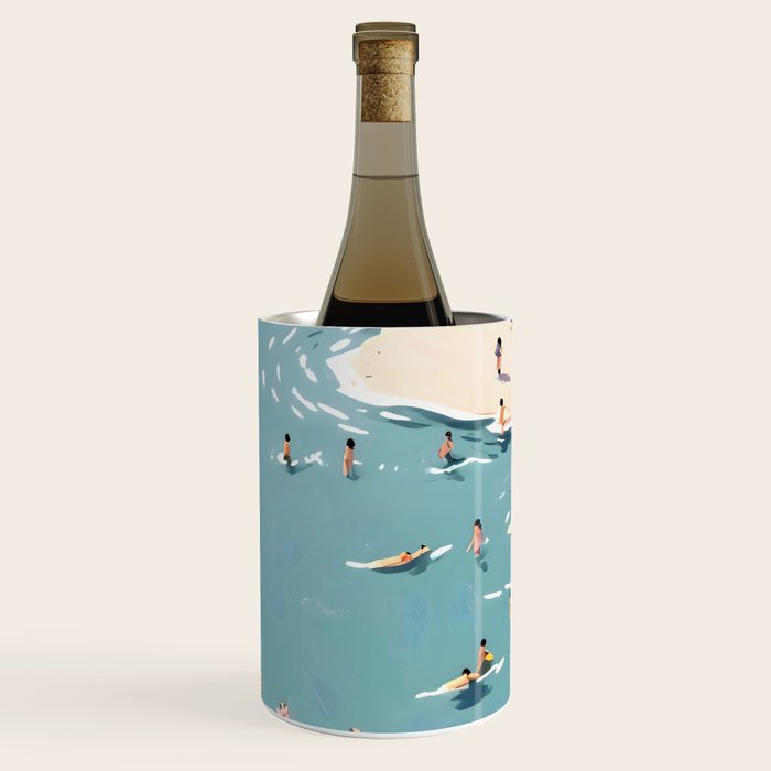 Last Summer, Beach Vibes Tropical Nature Landscape, Pastel Subdued Painting Scenic Travel, People Swim Surf Waves Illustration Wine Chiller Gallery Image 2