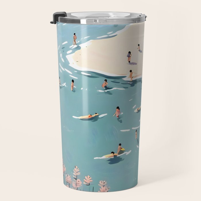 Last Summer, Beach Vibes Tropical Nature Landscape, Pastel Subdued Painting Scenic Travel, People Swim Surf Waves Illustration Travel Mug Gallery Image 3