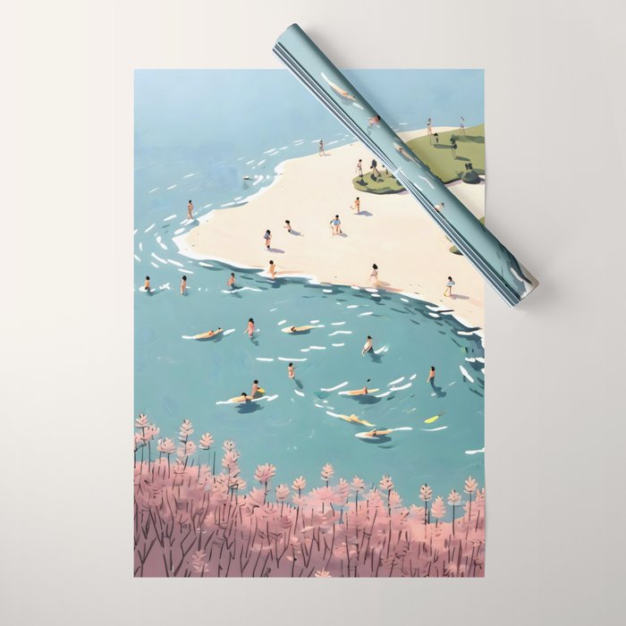 Last Summer, Beach Vibes Tropical Nature Landscape, Pastel Subdued Painting Scenic Travel, People Swim Surf Waves Illustration Wrapping Paper Gallery Image 1