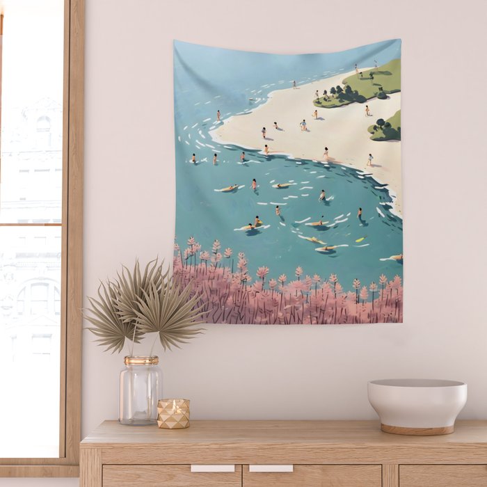 Last Summer, Beach Vibes Tropical Nature Landscape, Pastel Subdued Painting Scenic Travel, People Swim Surf Waves Illustration Wall Tapestry Gallery Image 2