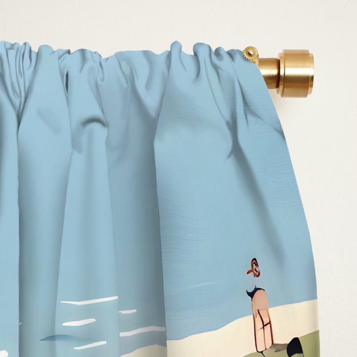 Last Summer, Beach Vibes Tropical Nature Landscape, Pastel Subdued Painting Scenic Travel, People Swim Surf Waves Illustration Window Curtain Gallery Image 2