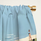 Last Summer, Beach Vibes Tropical Nature Landscape, Pastel Subdued Painting Scenic Travel, People Swim Surf Waves Illustration Window Curtain Gallery Image 2