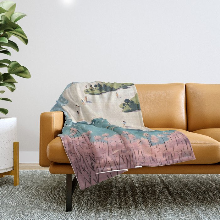 Last Summer, Beach Vibes Tropical Nature Landscape, Pastel Subdued Painting Scenic Travel, People Swim Surf Waves Illustration Throw Blanket Gallery Image 1