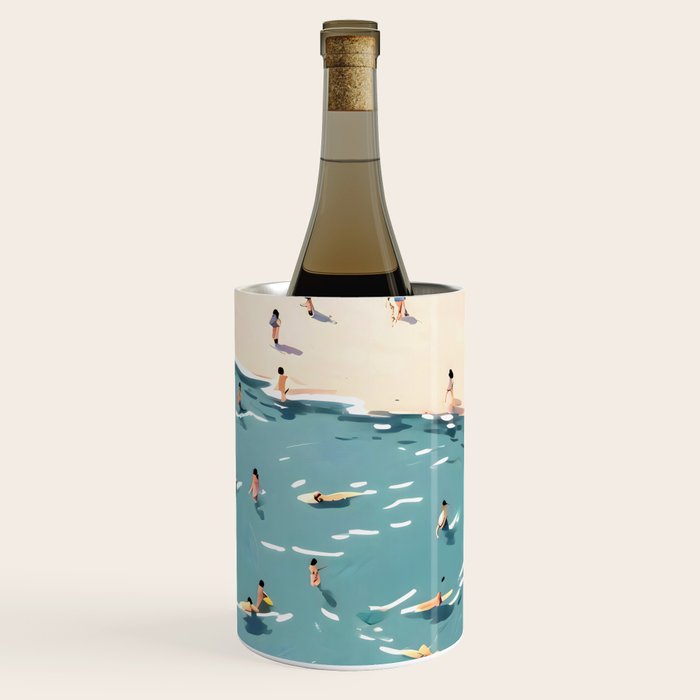 Last Summer, Beach Vibes Tropical Nature Landscape, Pastel Subdued Painting Scenic Travel, People Swim Surf Waves Illustration Wine Chiller Gallery Image 1