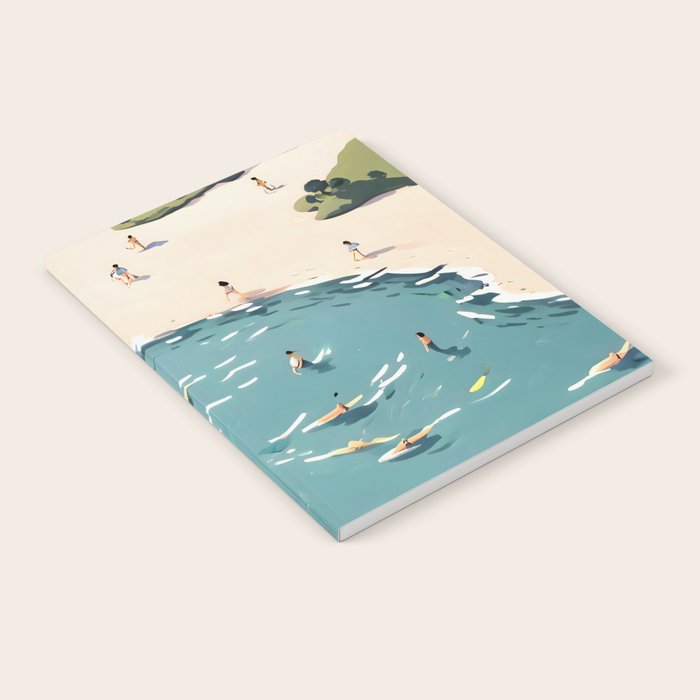 Last Summer, Beach Vibes Tropical Nature Landscape, Pastel Subdued Painting Scenic Travel, People Swim Surf Waves Illustration Notebook