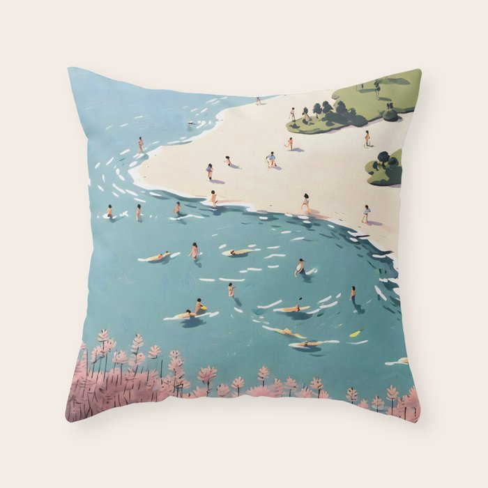 Last Summer, Beach Vibes Tropical Nature Landscape, Pastel Subdued Painting Scenic Travel, People Swim Surf Waves Illustration Throw Pillow Gallery Image 1