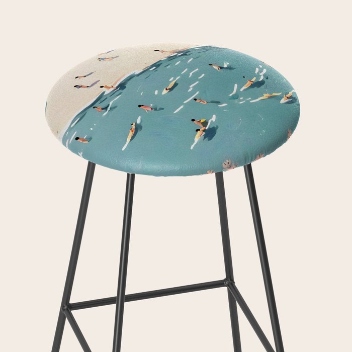 Last Summer, Beach Vibes Tropical Nature Landscape, Pastel Subdued Painting Scenic Travel, People Swim Surf Waves Illustration Stool Gallery Image 2
