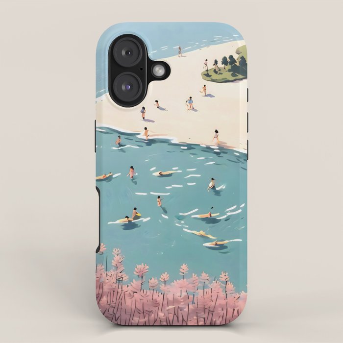 Last Summer, Beach Vibes Tropical Nature Landscape, Pastel Subdued Painting Scenic Travel, People Swim Surf Waves Illustration iPhone Case Gallery Image 1