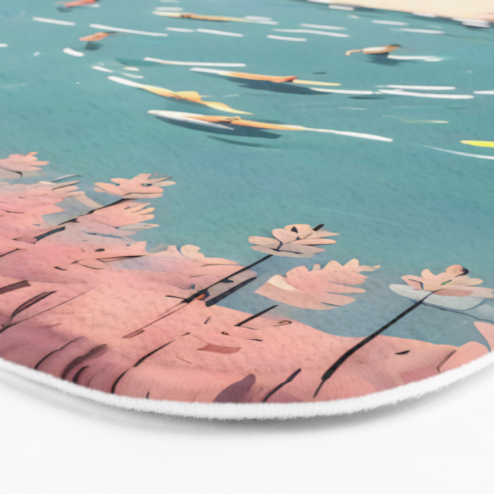Last Summer, Beach Vibes Tropical Nature Landscape, Pastel Subdued Painting Scenic Travel, People Swim Surf Waves Illustration Bath Mat Gallery Image 3