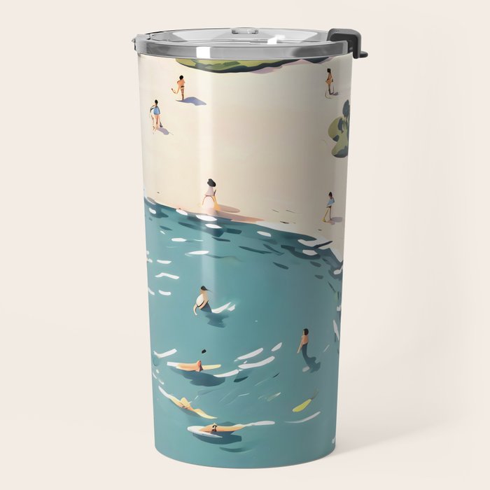 Last Summer, Beach Vibes Tropical Nature Landscape, Pastel Subdued Painting Scenic Travel, People Swim Surf Waves Illustration Travel Mug Gallery Image 2