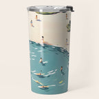 Last Summer, Beach Vibes Tropical Nature Landscape, Pastel Subdued Painting Scenic Travel, People Swim Surf Waves Illustration Travel Mug Gallery Image 2