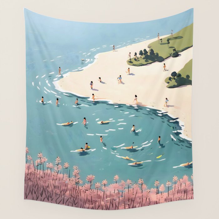 Last Summer, Beach Vibes Tropical Nature Landscape, Pastel Subdued Painting Scenic Travel, People Swim Surf Waves Illustration Wall Tapestry Gallery Image 4
