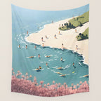 Last Summer, Beach Vibes Tropical Nature Landscape, Pastel Subdued Painting Scenic Travel, People Swim Surf Waves Illustration Wall Tapestry Gallery Image 4