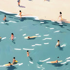 Last Summer, Beach Vibes Tropical Nature Landscape, Pastel Subdued Painting Scenic Travel, People Swim Surf Waves Illustration Coffee Mug Gallery Image 2