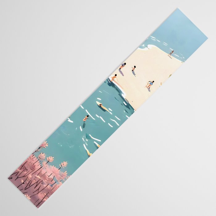 Last Summer, Beach Vibes Tropical Nature Landscape, Pastel Subdued Painting Scenic Travel, People Swim Surf Waves Illustration Table Runner Gallery Image 3