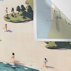 Last Summer, Beach Vibes Tropical Nature Landscape, Pastel Subdued Painting Scenic Travel, People Swim Surf Waves Illustration Wall Tapestry Gallery Image 3