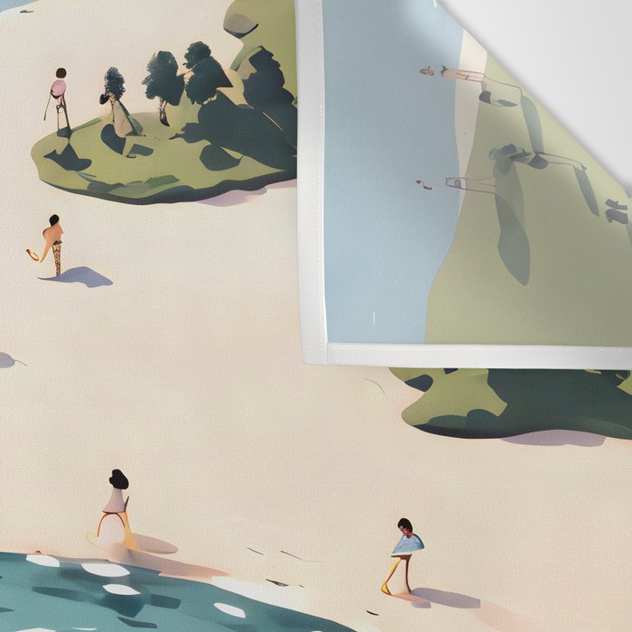 Last Summer, Beach Vibes Tropical Nature Landscape, Pastel Subdued Painting Scenic Travel, People Swim Surf Waves Illustration Wall Tapestry Gallery Image 3