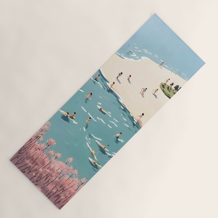 Last Summer, Beach Vibes Tropical Nature Landscape, Pastel Subdued Painting Scenic Travel, People Swim Surf Waves Illustration Yoga Mat Gallery Image 1