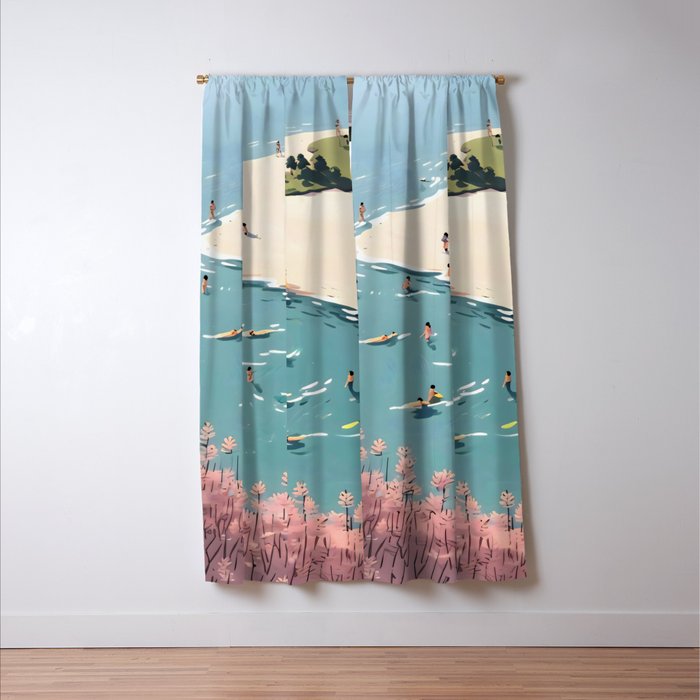 Last Summer, Beach Vibes Tropical Nature Landscape, Pastel Subdued Painting Scenic Travel, People Swim Surf Waves Illustration Window Curtain Gallery Image 3