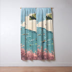 Last Summer, Beach Vibes Tropical Nature Landscape, Pastel Subdued Painting Scenic Travel, People Swim Surf Waves Illustration Window Curtain Gallery Image 3