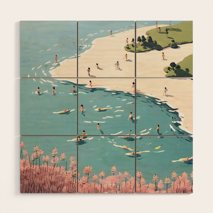 Last Summer, Beach Vibes Tropical Nature Landscape, Pastel Subdued Painting Scenic Travel, People Swim Surf Waves Illustration Wood Wall Art Gallery Image 1