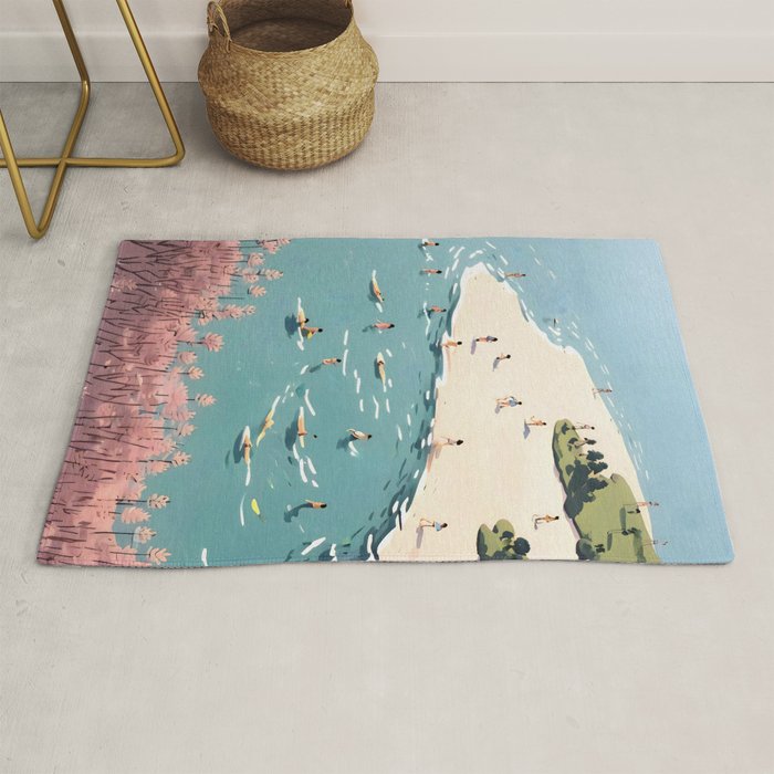 Last Summer, Beach Vibes Tropical Nature Landscape, Pastel Subdued Painting Scenic Travel, People Swim Surf Waves Illustration Rug Gallery Image 1