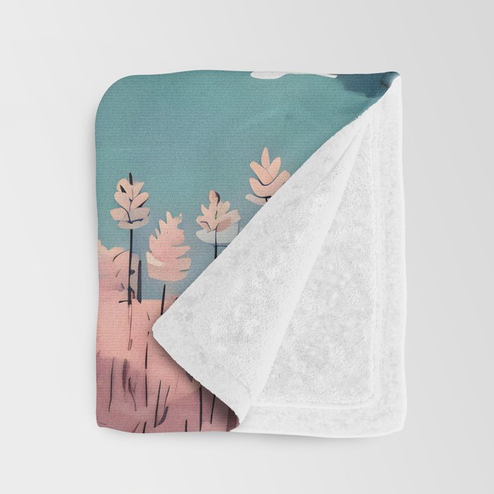 Last Summer, Beach Vibes Tropical Nature Landscape, Pastel Subdued Painting Scenic Travel, People Swim Surf Waves Illustration Throw Blanket Gallery Image 3