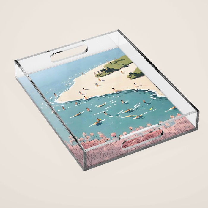 Last Summer, Beach Vibes Tropical Nature Landscape, Pastel Subdued Painting Scenic Travel, People Swim Surf Waves Illustration Acrylic Tray Gallery Image 1