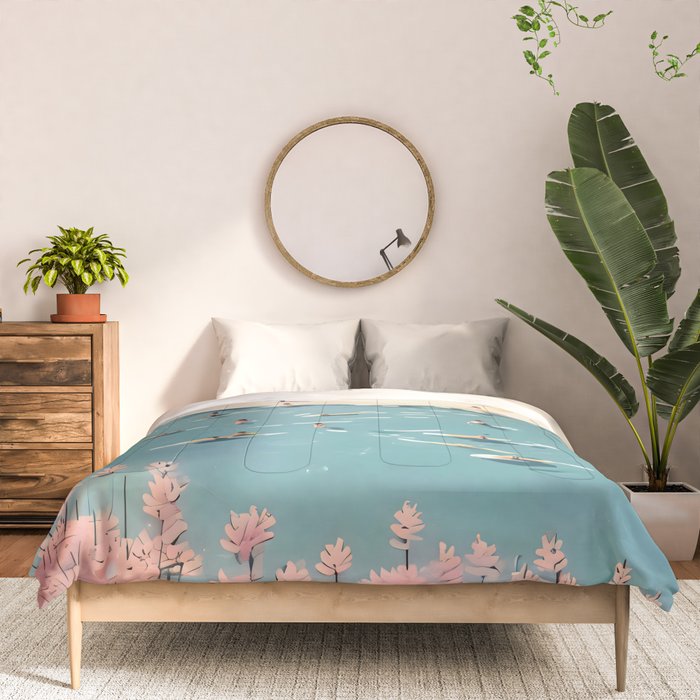 Last Summer, Beach Vibes Tropical Nature Landscape, Pastel Subdued Painting Scenic Travel, People Swim Surf Waves Illustration Comforter Gallery Image 3