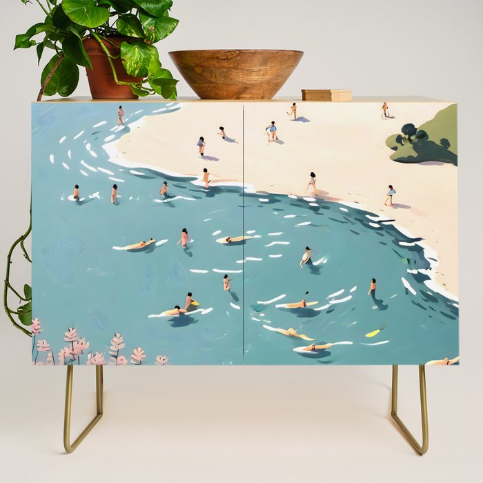 Last Summer, Beach Vibes Tropical Nature Landscape, Pastel Subdued Painting Scenic Travel, People Swim Surf Waves Illustration Credenza Gallery Image 1