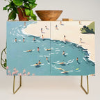 Last Summer, Beach Vibes Tropical Nature Landscape, Pastel Subdued Painting Scenic Travel, People Swim Surf Waves Illustration Credenza Gallery Image 1