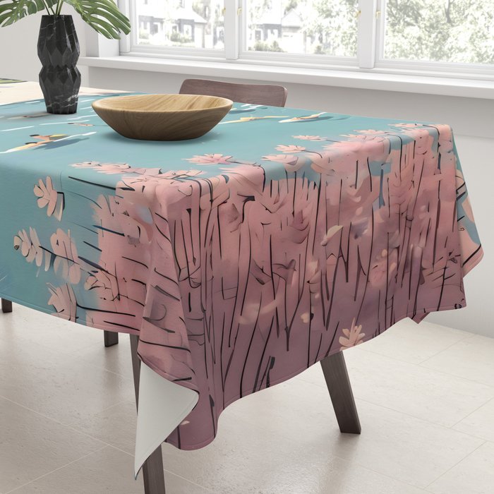 Last Summer, Beach Vibes Tropical Nature Landscape, Pastel Subdued Painting Scenic Travel, People Swim Surf Waves Illustration Tablecloth Gallery Image 3