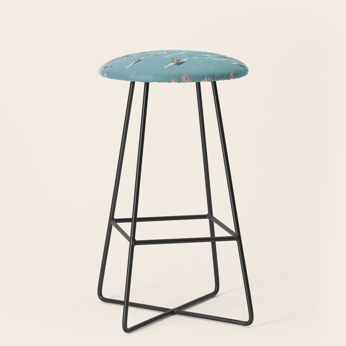 Last Summer, Beach Vibes Tropical Nature Landscape, Pastel Subdued Painting Scenic Travel, People Swim Surf Waves Illustration Stool Gallery Image 1