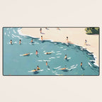 Last Summer, Beach Vibes Tropical Nature Landscape, Pastel Subdued Painting Scenic Travel, People Swim Surf Waves Illustration Desk Mat Gallery Image 3