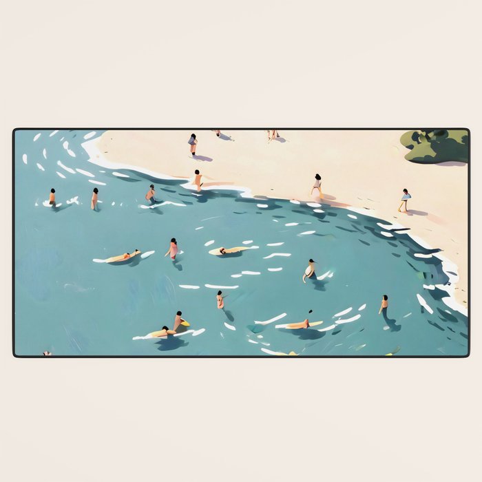 Last Summer, Beach Vibes Tropical Nature Landscape, Pastel Subdued Painting Scenic Travel, People Swim Surf Waves Illustration Desk Mat Gallery Image 3