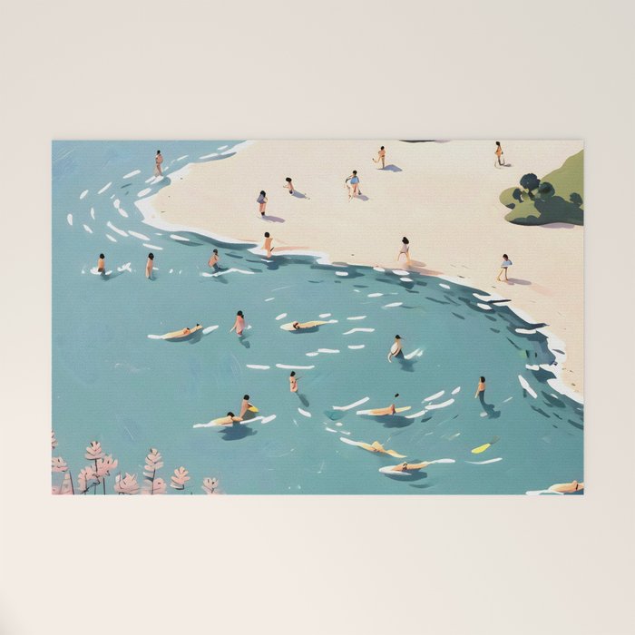 Last Summer, Beach Vibes Tropical Nature Landscape, Pastel Subdued Painting Scenic Travel, People Swim Surf Waves Illustration Welcome Mat Gallery Image 1