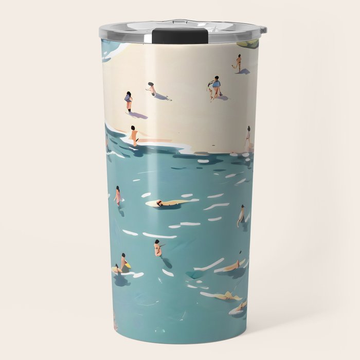Last Summer, Beach Vibes Tropical Nature Landscape, Pastel Subdued Painting Scenic Travel, People Swim Surf Waves Illustration Travel Mug Gallery Image 1