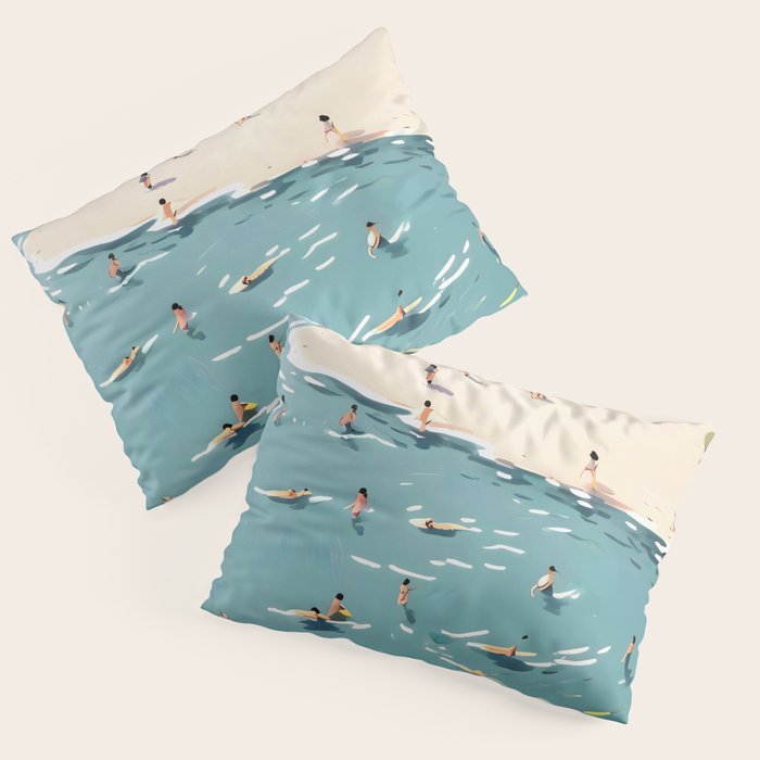 Last Summer, Beach Vibes Tropical Nature Landscape, Pastel Subdued Painting Scenic Travel, People Swim Surf Waves Illustration Pillow Sham Gallery Image 1