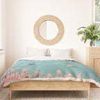 Last Summer, Beach Vibes Tropical Nature Landscape, Pastel Subdued Painting Scenic Travel, People Swim Surf Waves Illustration Duvet Cover Gallery Image 3
