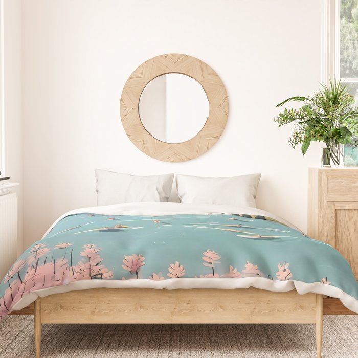 Last Summer, Beach Vibes Tropical Nature Landscape, Pastel Subdued Painting Scenic Travel, People Swim Surf Waves Illustration Duvet Cover Gallery Image 3