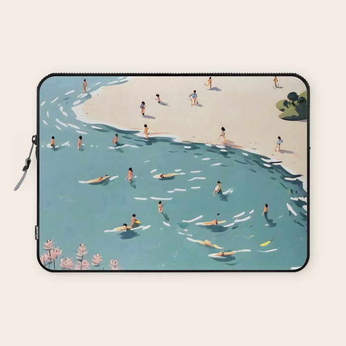 Last Summer, Beach Vibes Tropical Nature Landscape, Pastel Subdued Painting Scenic Travel, People Swim Surf Waves Illustration Laptop Sleeve Gallery Image 1
