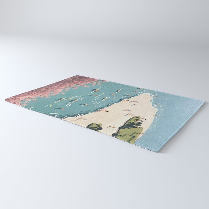 Last Summer, Beach Vibes Tropical Nature Landscape, Pastel Subdued Painting Scenic Travel, People Swim Surf Waves Illustration Rug Gallery Image 3