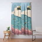 Last Summer, Beach Vibes Tropical Nature Landscape, Pastel Subdued Painting Scenic Travel, People Swim Surf Waves Illustration Window Curtain Gallery Image 5