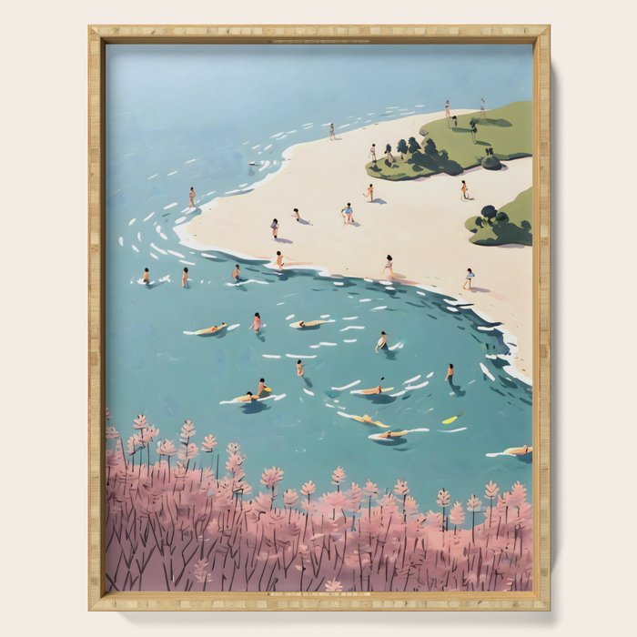 Last Summer, Beach Vibes Tropical Nature Landscape, Pastel Subdued Painting Scenic Travel, People Swim Surf Waves Illustration Serving Tray Gallery Image 1