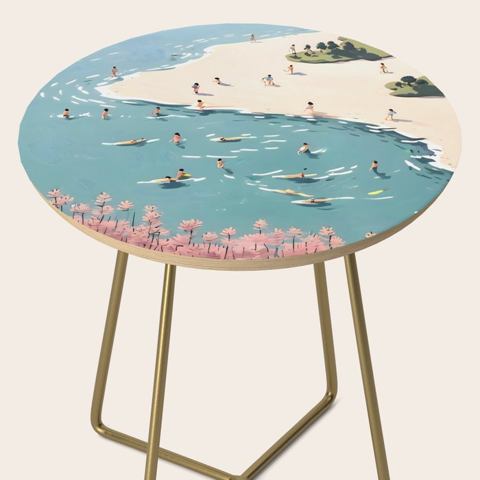 Last Summer, Beach Vibes Tropical Nature Landscape, Pastel Subdued Painting Scenic Travel, People Swim Surf Waves Illustration Side Table Gallery Image 2