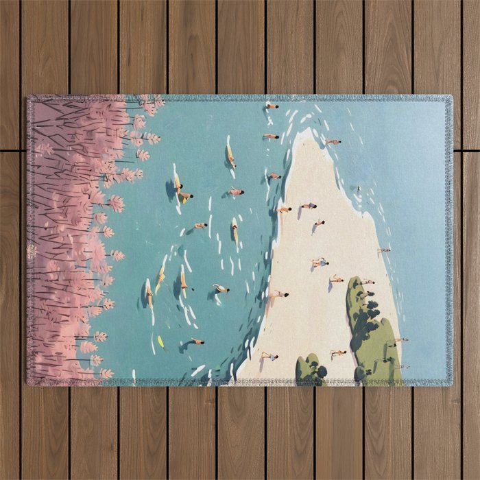 Last Summer, Beach Vibes Tropical Nature Landscape, Pastel Subdued Painting Scenic Travel, People Swim Surf Waves Illustration Outdoor Rug Gallery Image 1