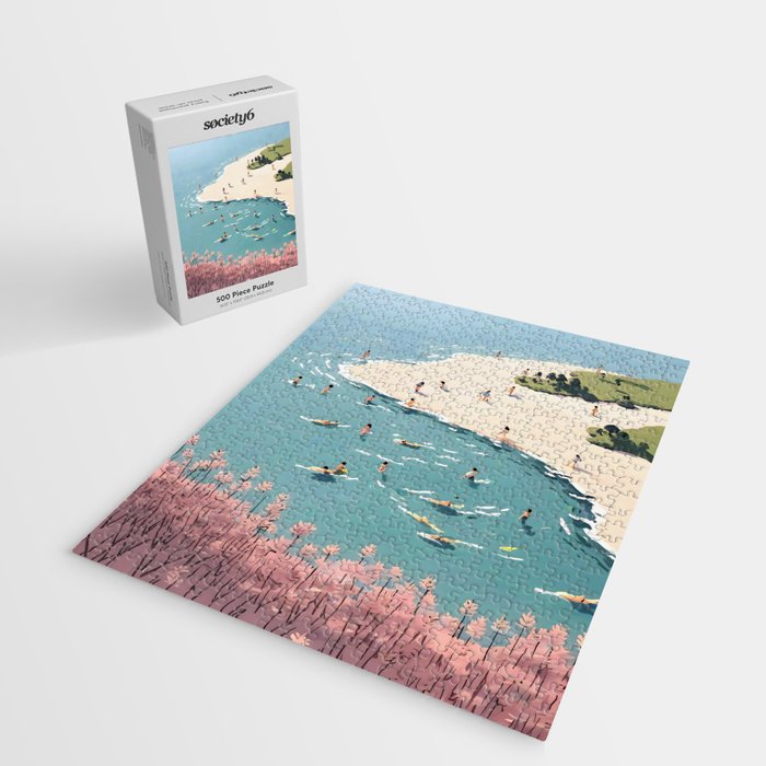 Last Summer, Beach Vibes Tropical Nature Landscape, Pastel Subdued Painting Scenic Travel, People Swim Surf Waves Illustration Jigsaw Puzzle Gallery Image 2