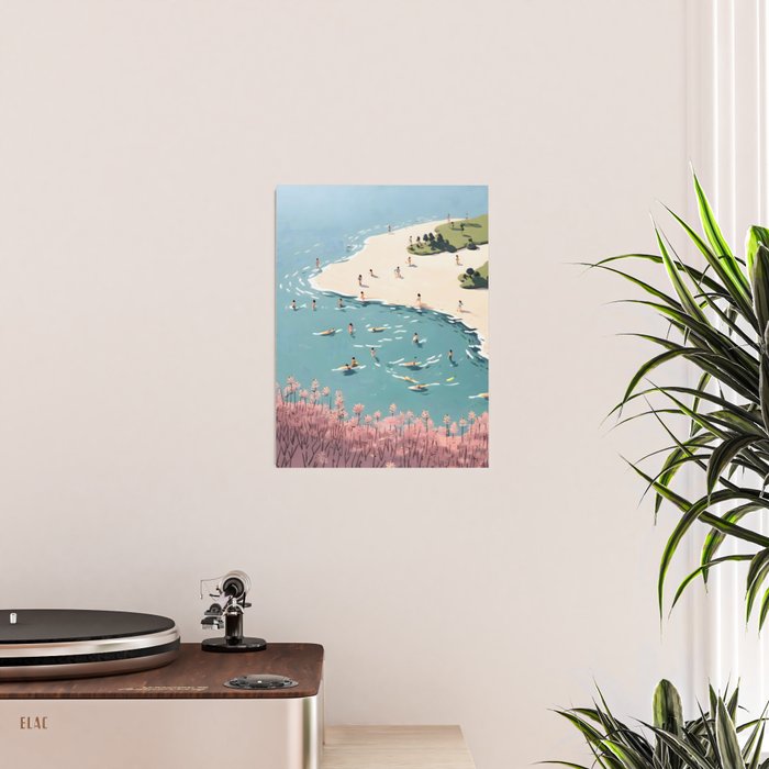 Last Summer, Beach Vibes Tropical Nature Landscape, Pastel Subdued Painting Scenic Travel, People Swim Surf Waves Illustration Poster Gallery Image 2