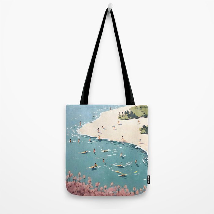 Last Summer, Beach Vibes Tropical Nature Landscape, Pastel Subdued Painting Scenic Travel, People Swim Surf Waves Illustration Tote Bag Gallery Image 2